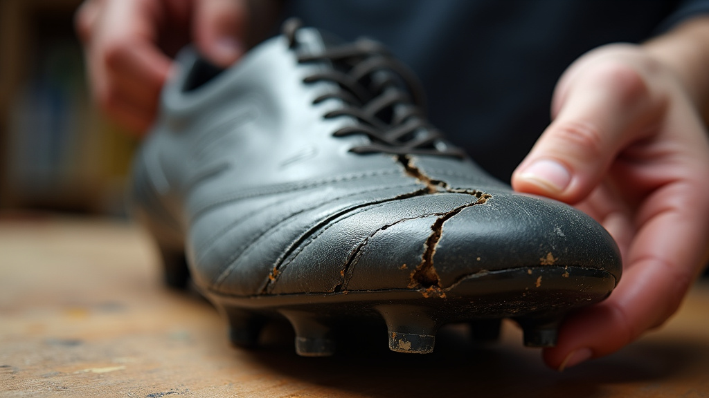 Close-up of a cracked soccer cleat soleplate separating from the upper material.