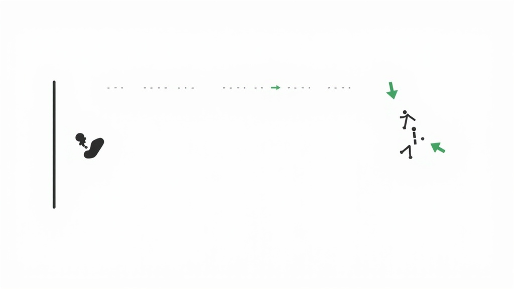 Soccer drill diagram for angled first touch and turning against a wall.