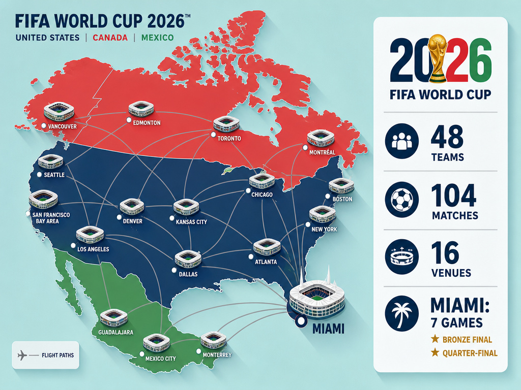 Infographic map of the 16 host stadiums for the 2026 FIFA World Cup.