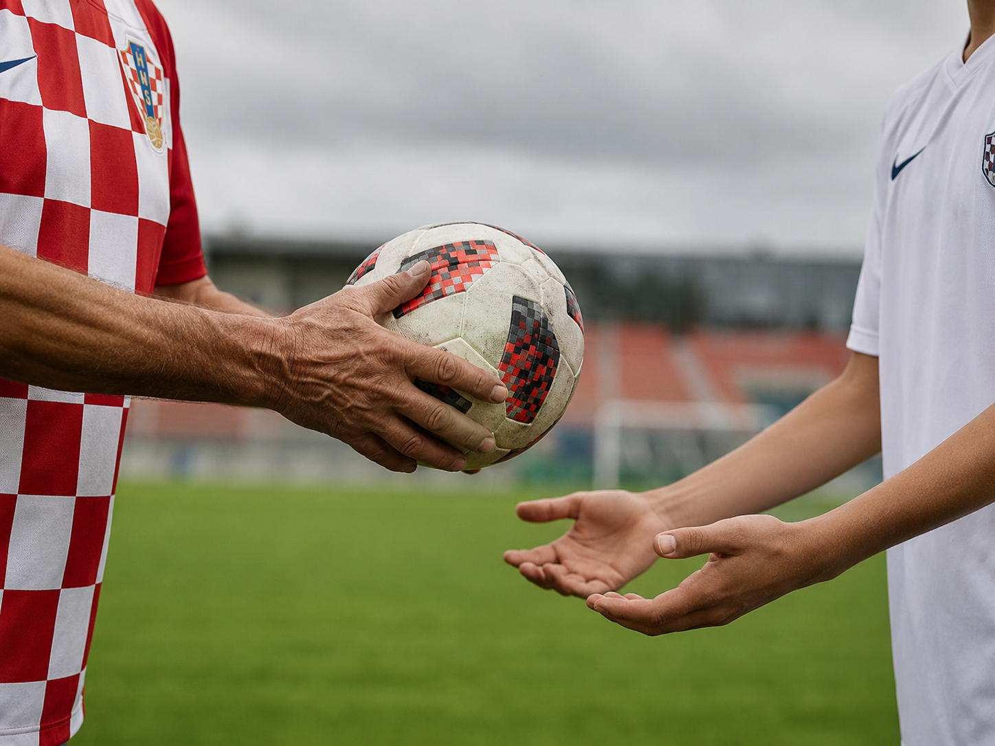 A Croatian midfielder passes the ball to a younger teammate on a training field.