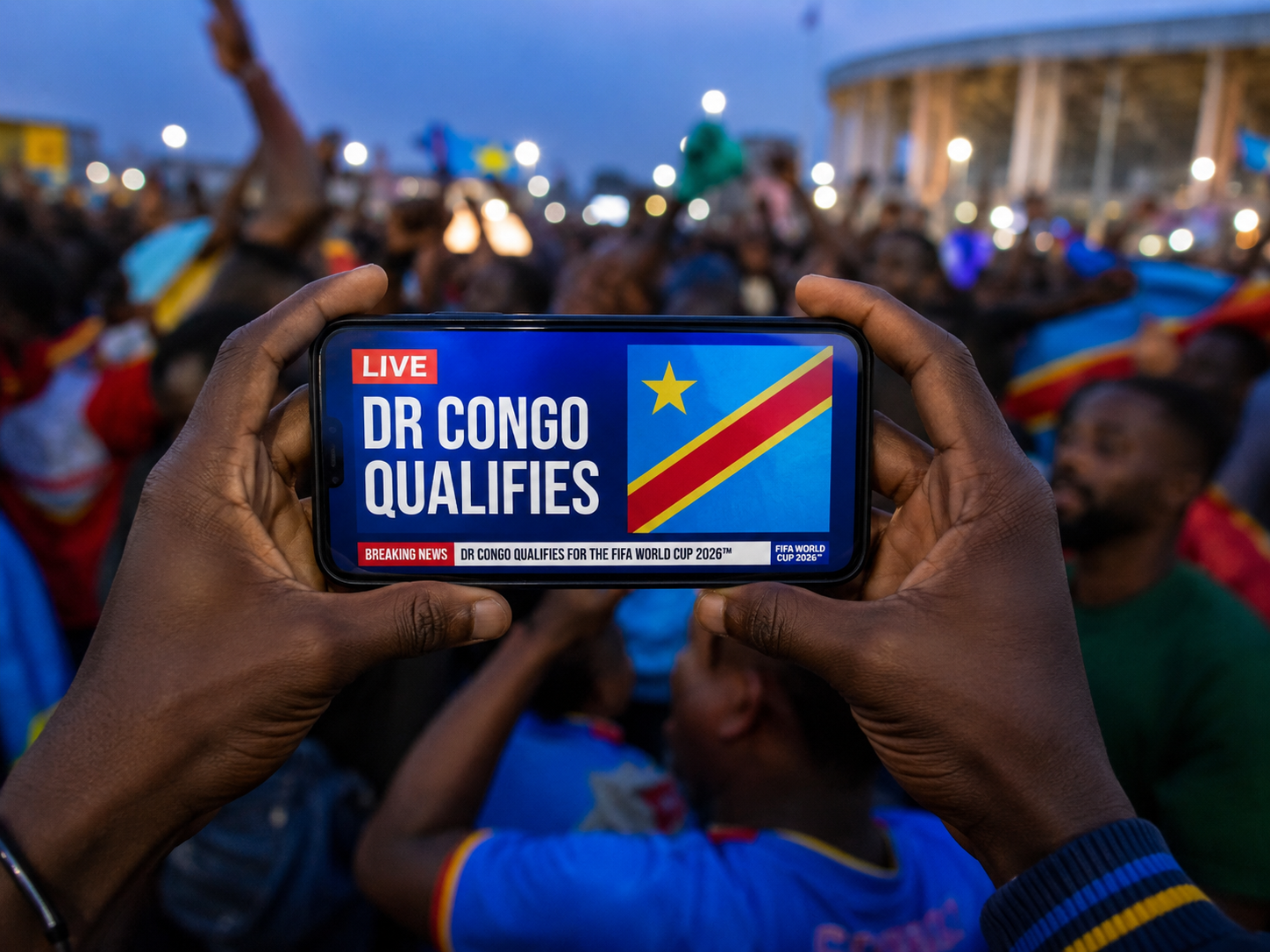Smartphone showing World Cup qualification news amid a celebrating crowd.