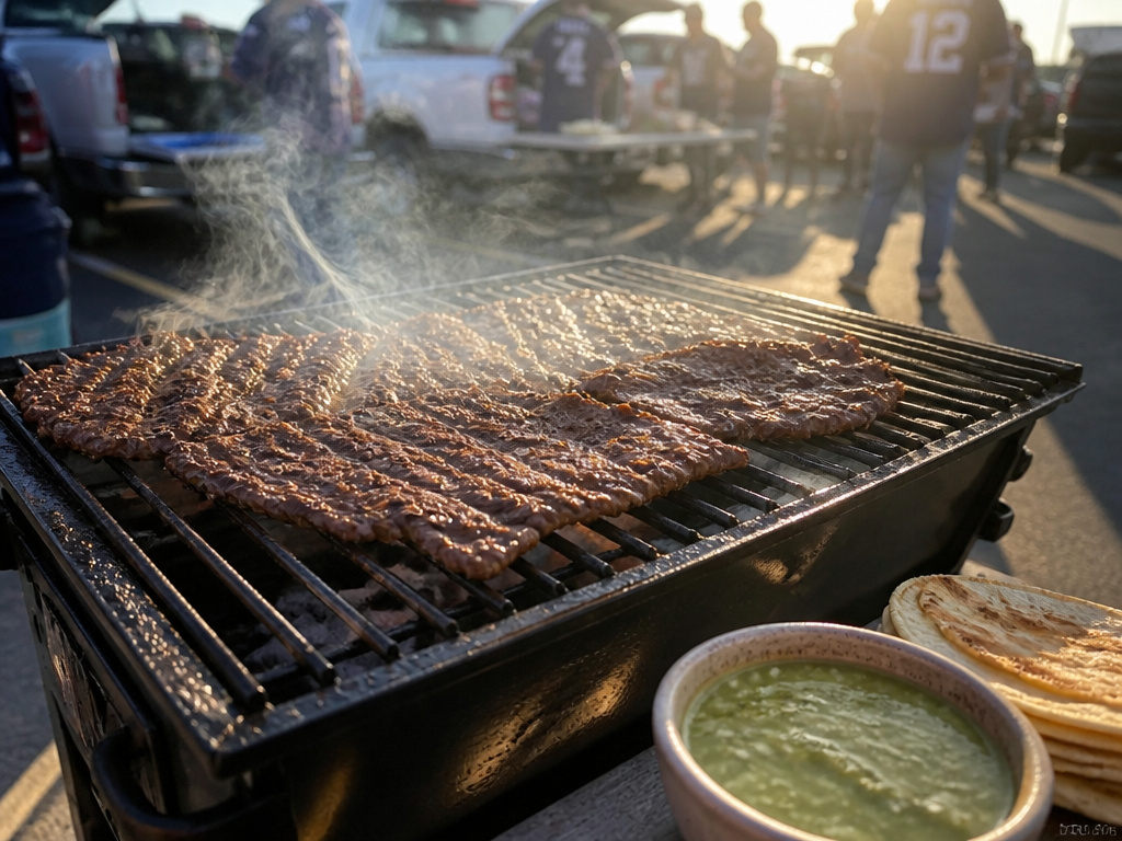 Skirt steak grilling at a tailgate party outside a soccer stadium.
