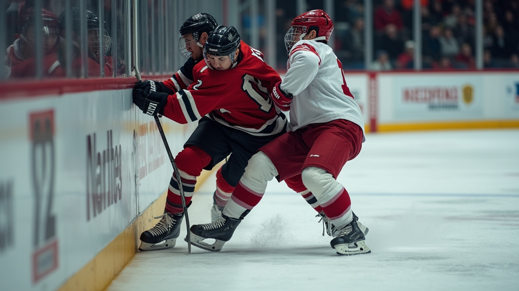 Hockey checking versus soccer tackling in close-up action comparison.