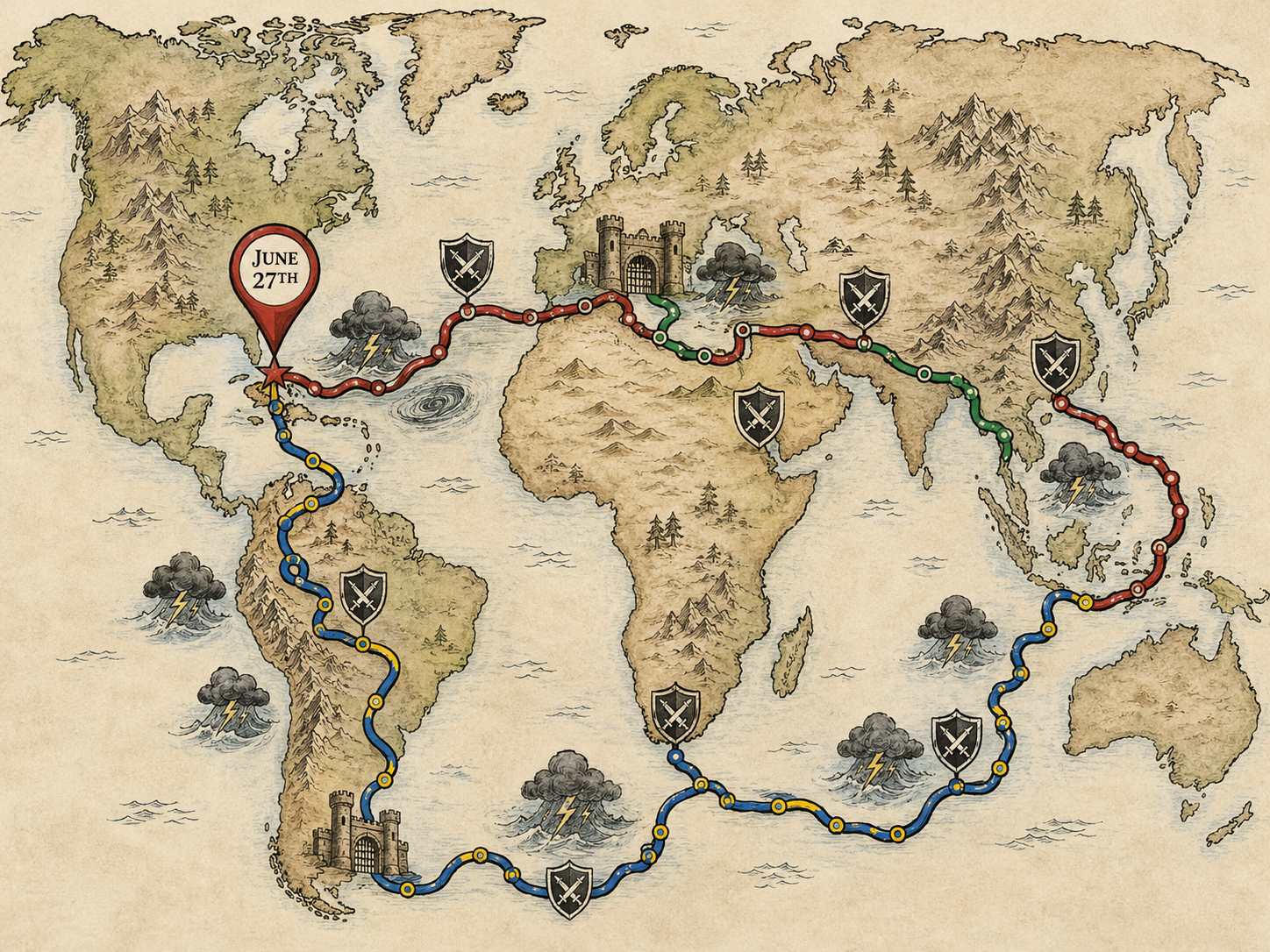 Cartoon map showing the hardest potential 2026 World Cup paths for Portugal and Colombia.