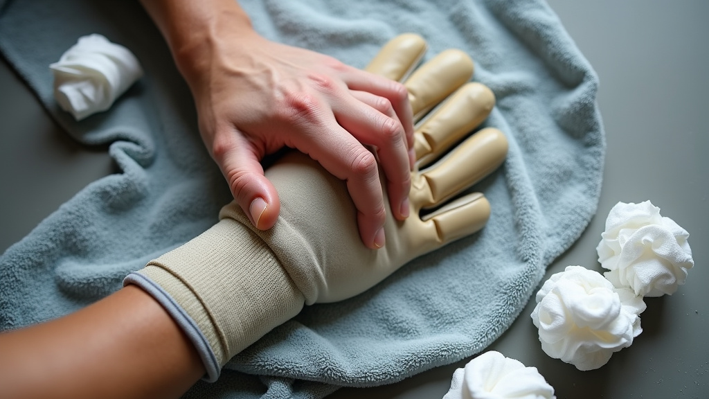 Properly pressing water out of a damp goalkeeper glove with a microfiber towel.