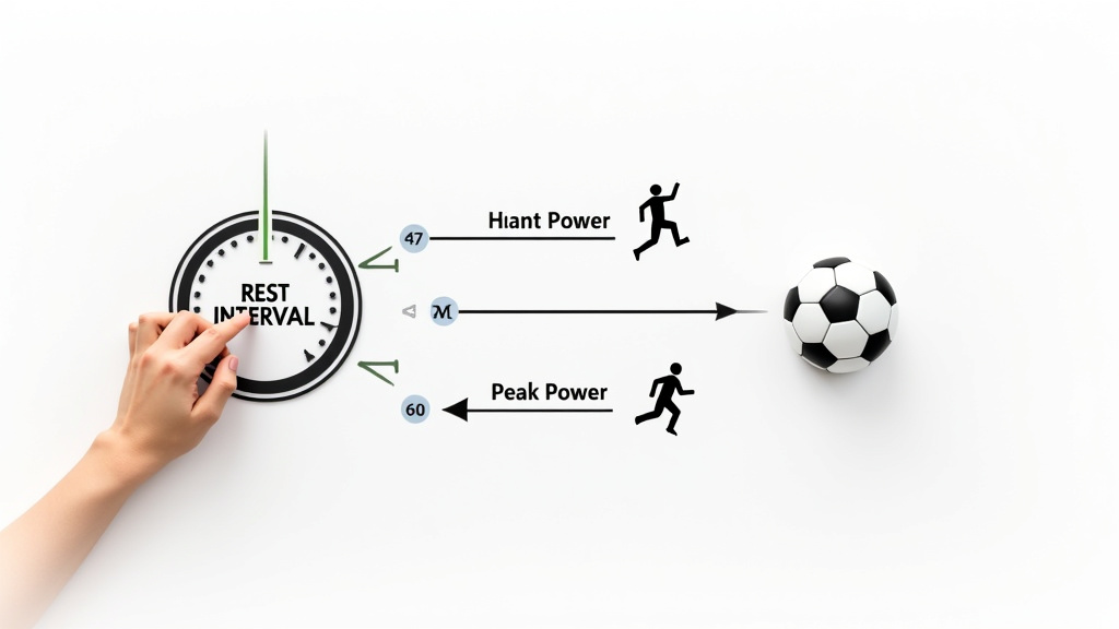 Soccer interval training diagram showing how rest interval length directs physiological adaptations.