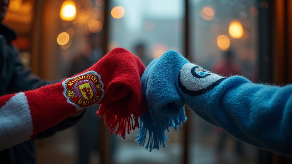 Manchester United and Manchester City scarves held in rivalry inside a packed pub.