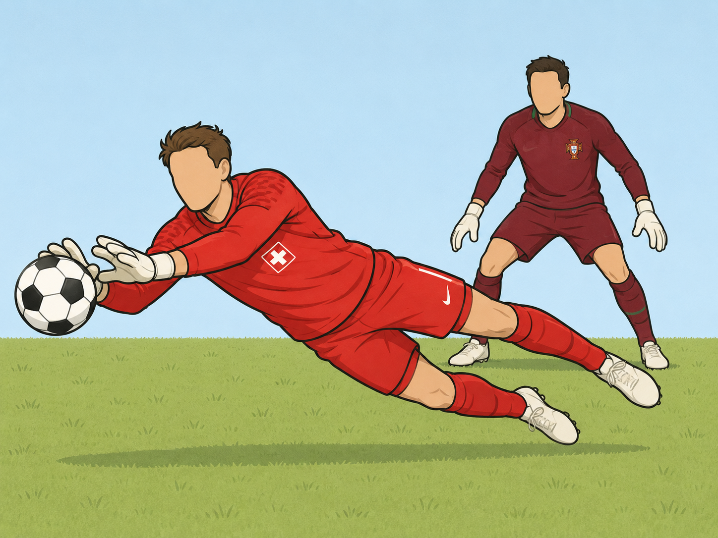 Two faceless soccer goalkeepers representing Switzerland and Portugal teams.