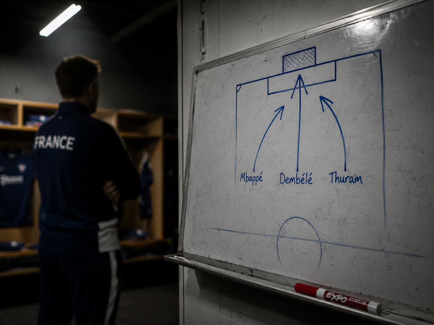 Tactical board diagramming France's attacking trio for a World Cup match.