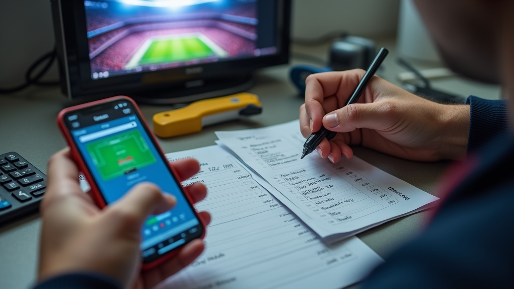 Fan calculating La Liga relegation scenarios on final matchday with phone and calculator.