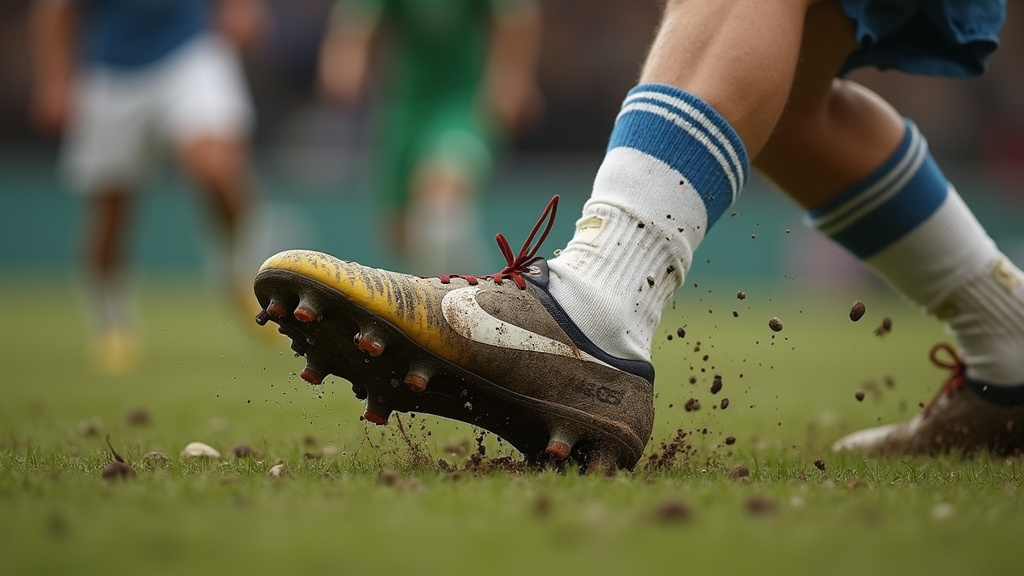 Soccer boot making forceful contact with ball during a tackle