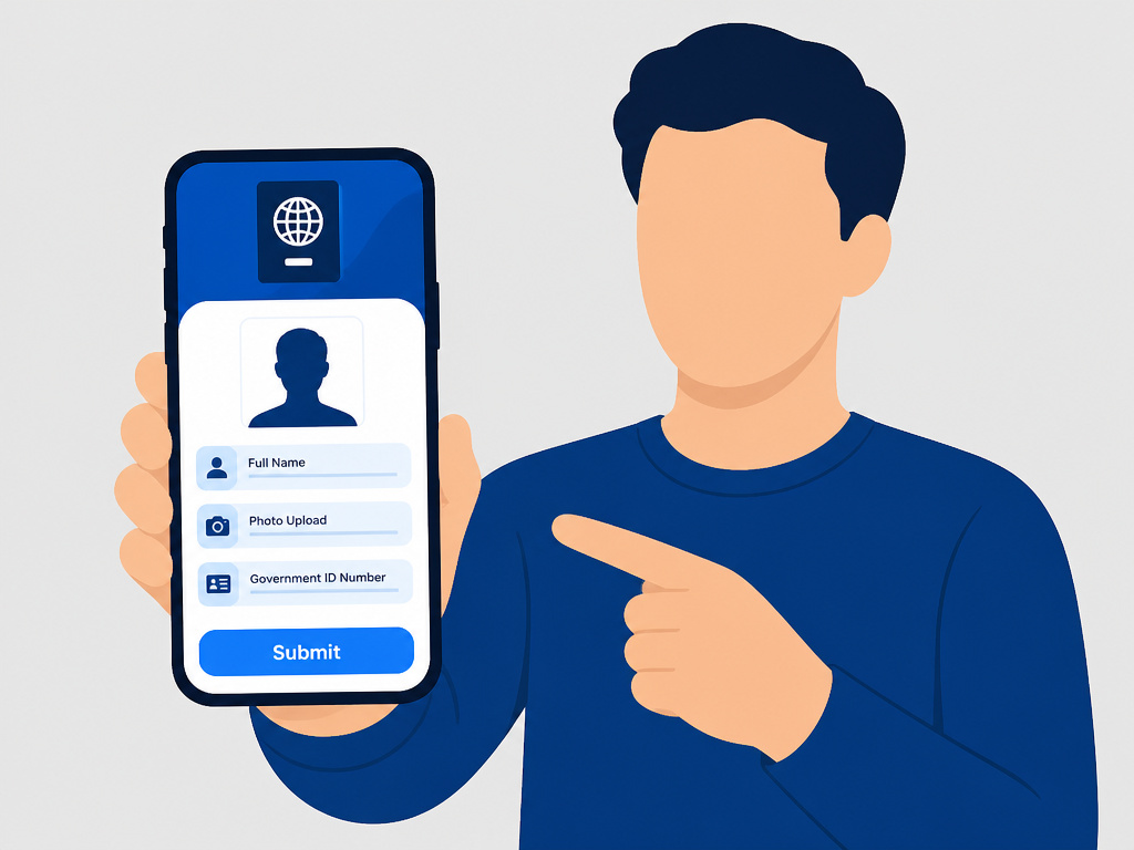 Flat cartoon of a person creating a FIFA ID digital passport on a phone.