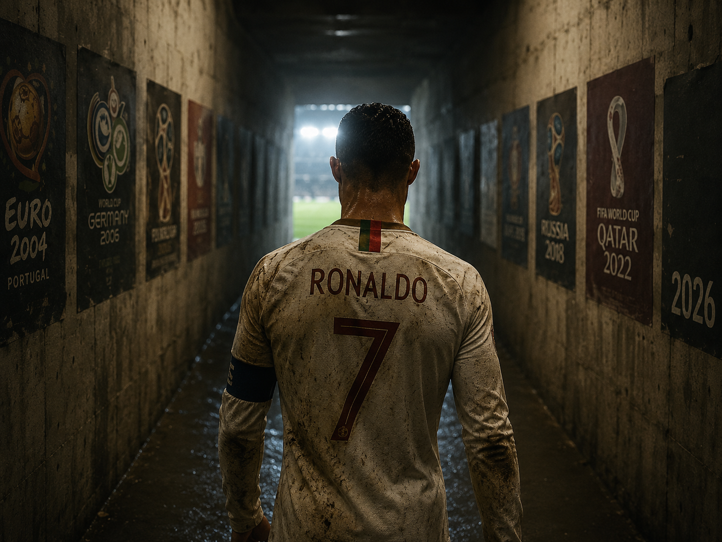 Cristiano Ronaldo's背影走向2026世界杯球场，象征最后一届赛事。