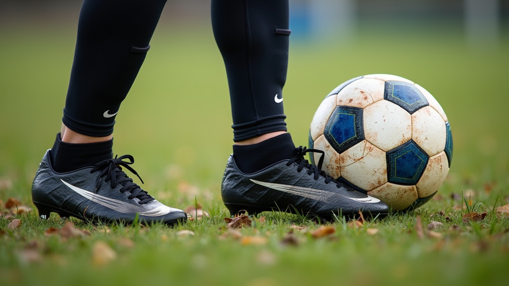 Soccer cleats and match ball on uneven grass for dribbling speed training.