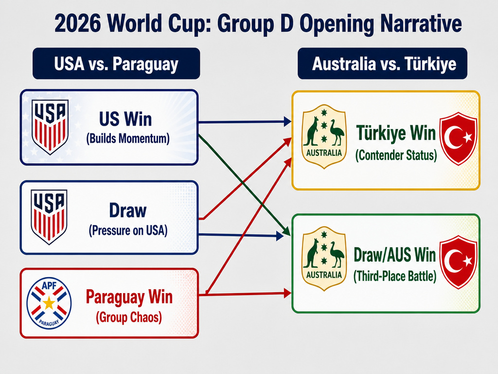 Infographic flowchart of 2026 World Cup Group D opening match scenarios.