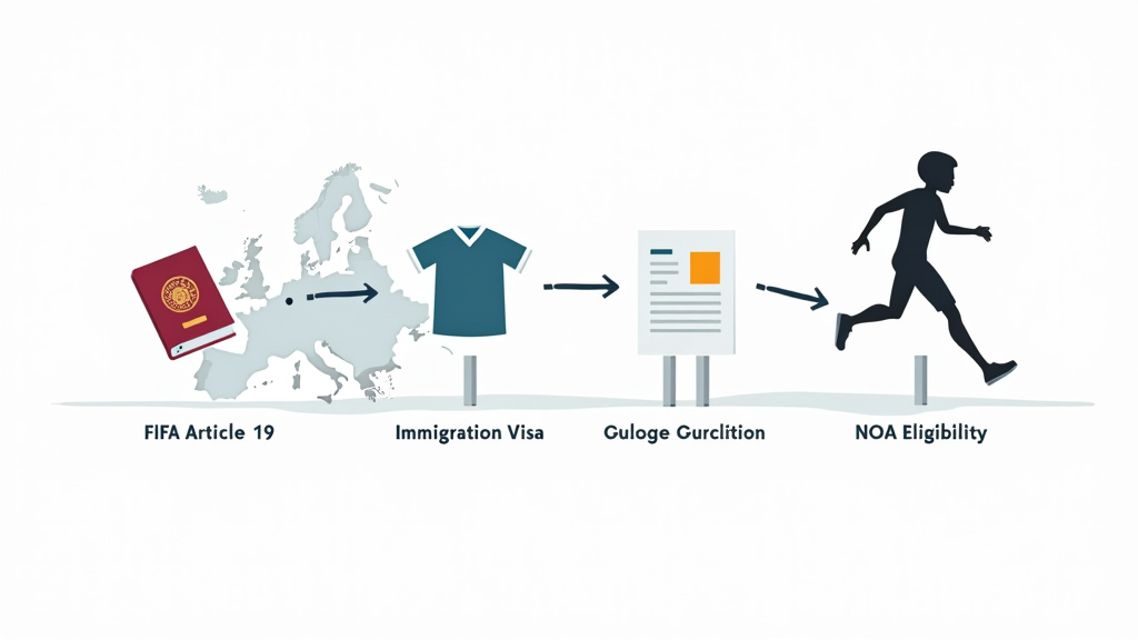 Diagram of regulatory hurdles for elite soccer academy players in Europe and USA.