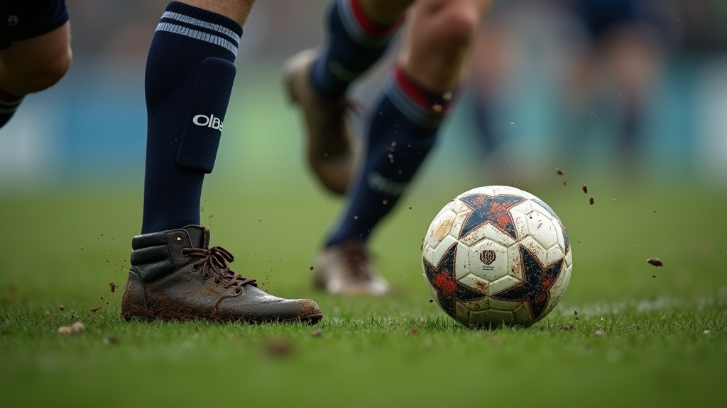 Sliding tackle close-up showing defender's leg intercepting ball on wet grass