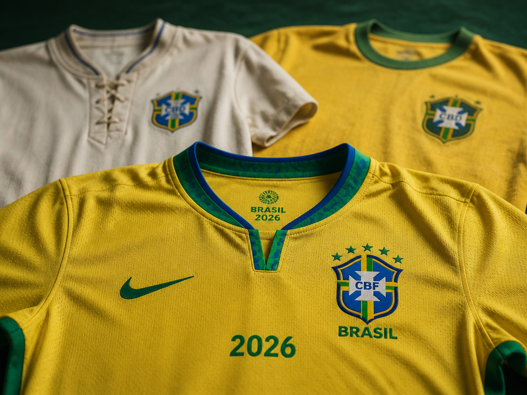 Evolution of Brazil's football jersey from 1950 white to 2026 yellow.