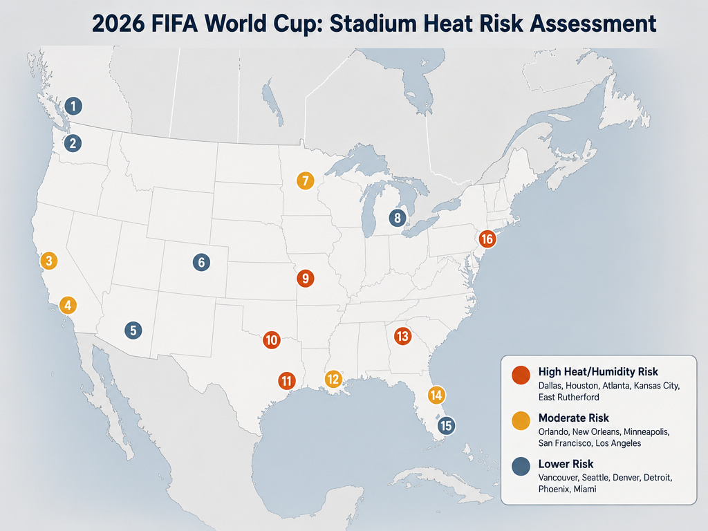 Map diagram categorizing 2026 World Cup stadiums by climate heat risk.