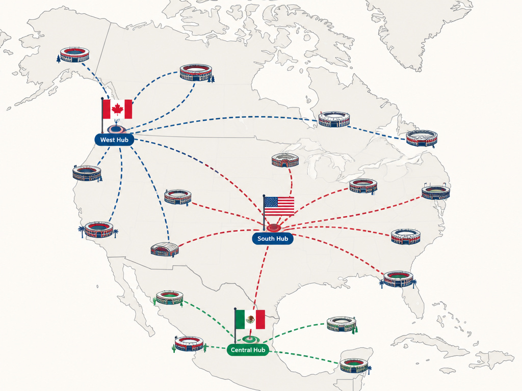 Map comparing centralized 2022 World Cup to continental 2026 host city spread.