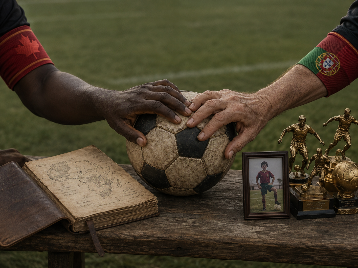 A captain's armband, personal mementos, and a soccer ball on a field.