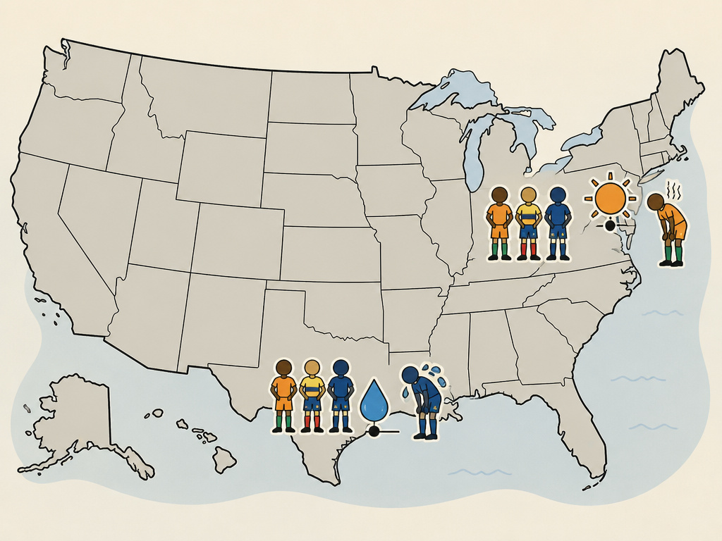 Cartoon map showing 2026 World Cup venue conditions in Philadelphia and Houston.
