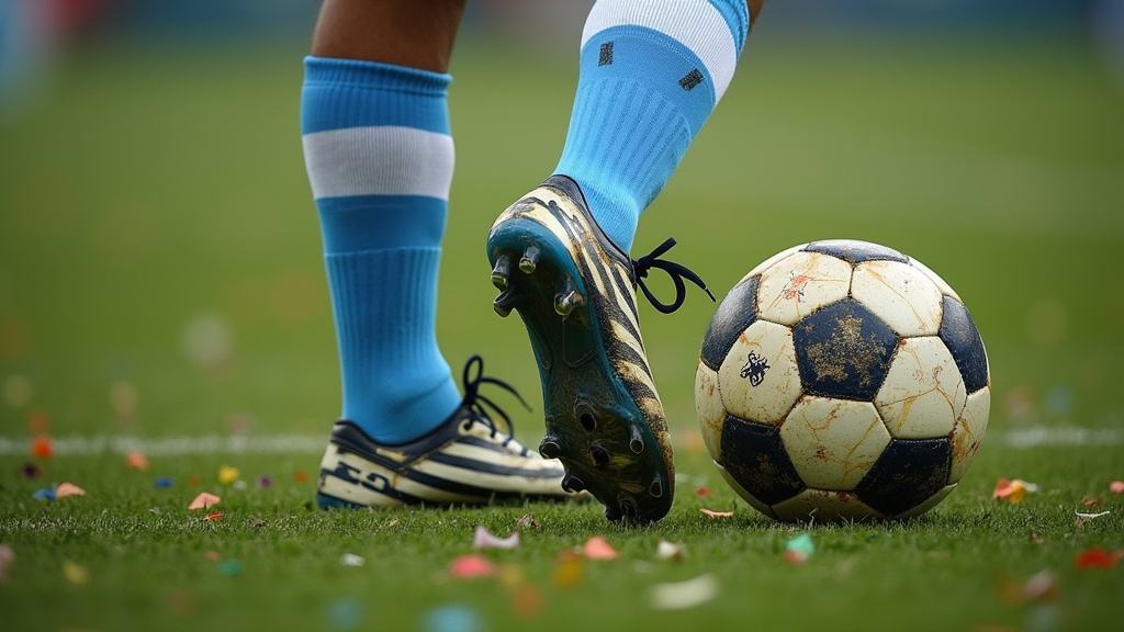 Lionel Messi in Argentina kit kicking a ball in a crucial international match.