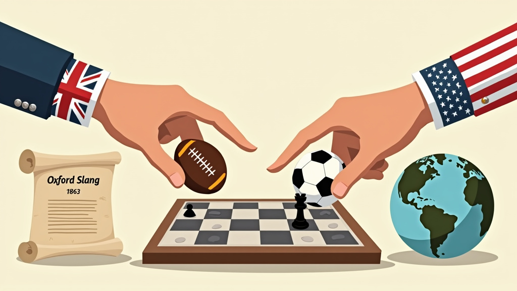 British and American hands debating soccer vs football etymology over a historical game board.