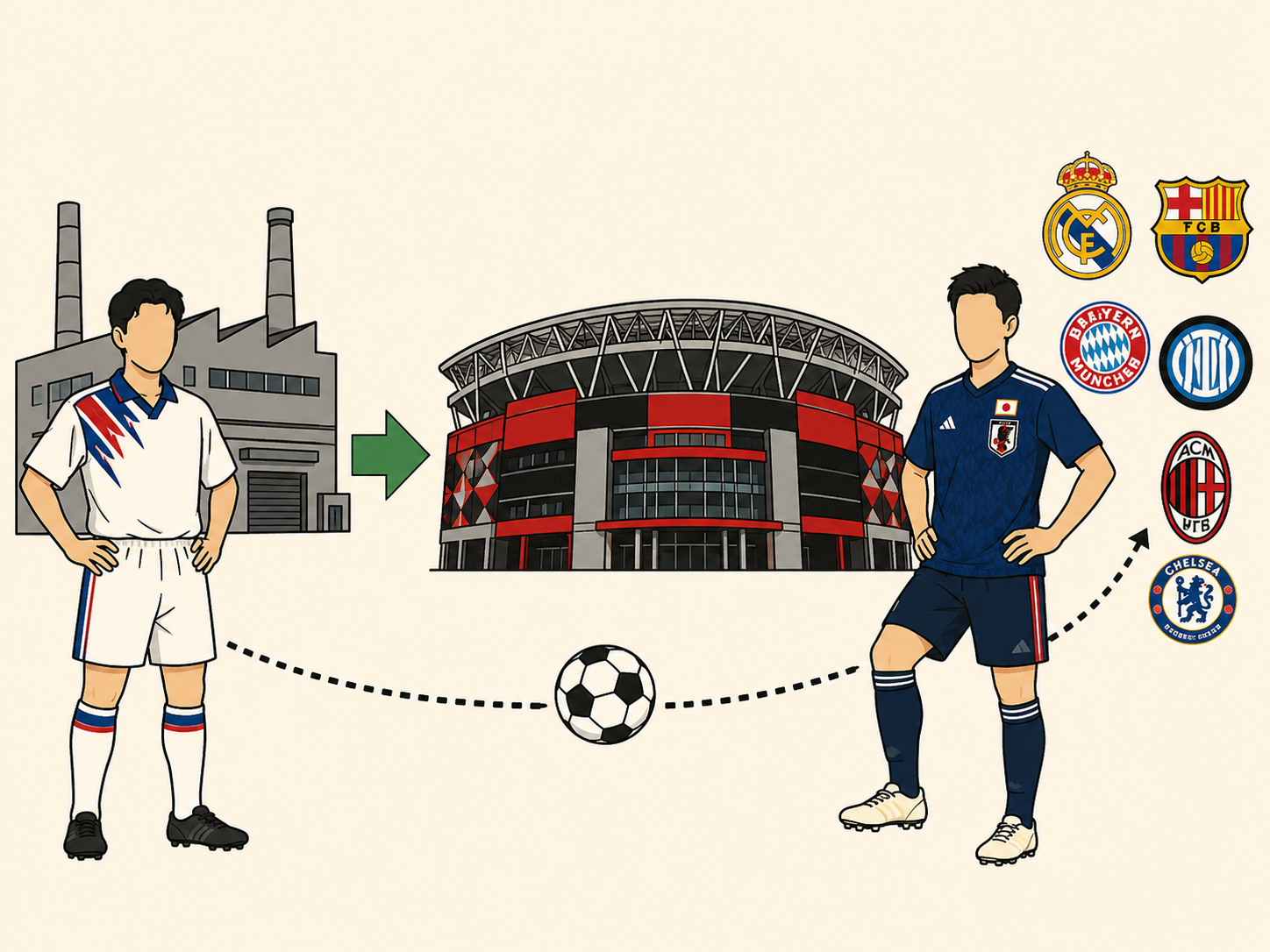 Cartoon diagram of J.League's evolution from company teams to European player incubator.