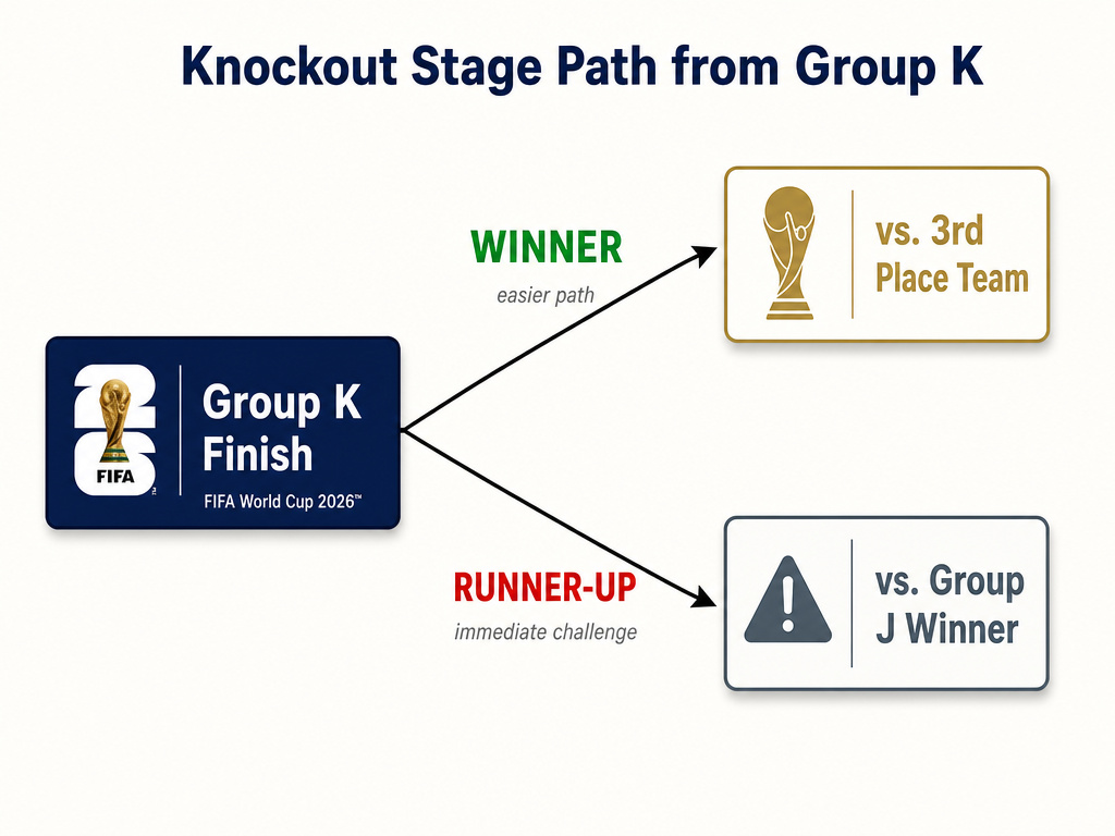 Infographic showing the two possible knockout round paths from World Cup 2026 Group K.