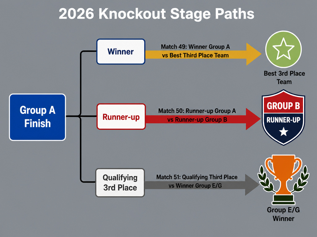 Diagram showing World Cup 2026 Group A knockout round matchups based on finish position.