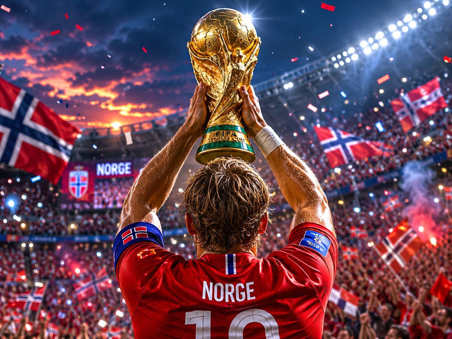 Erling Haaland lifting the World Cup trophy for Norway.