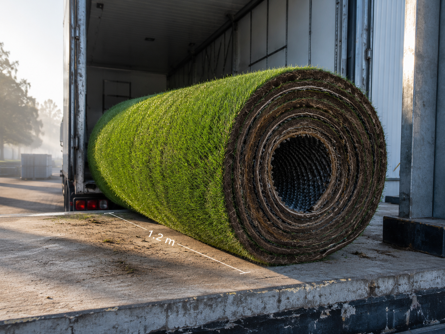 Heavy roll of grass sod for stadium pitch on loading dock.