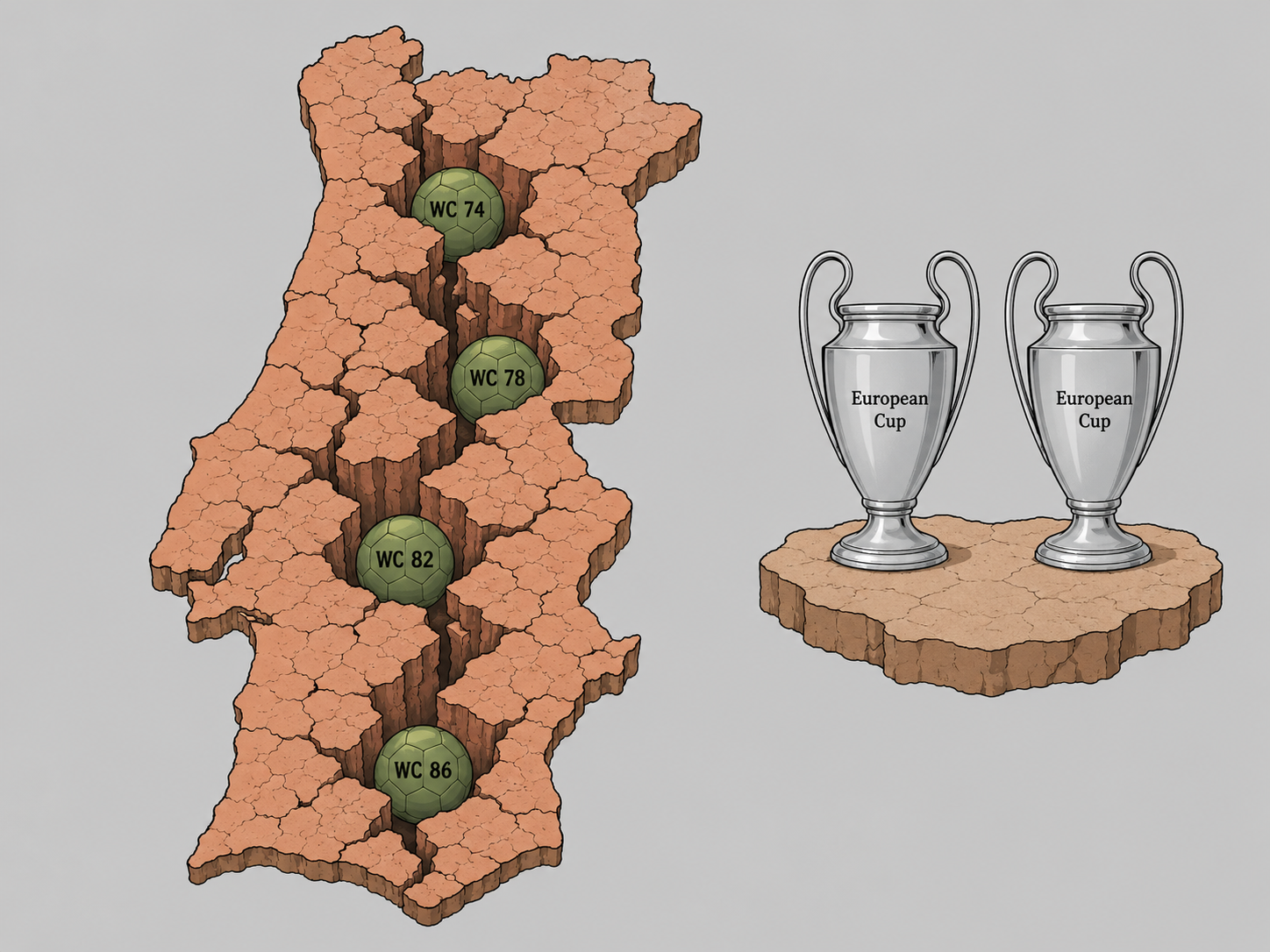 Cartoon map of Portugal cracking apart as World Cup balls fall through.