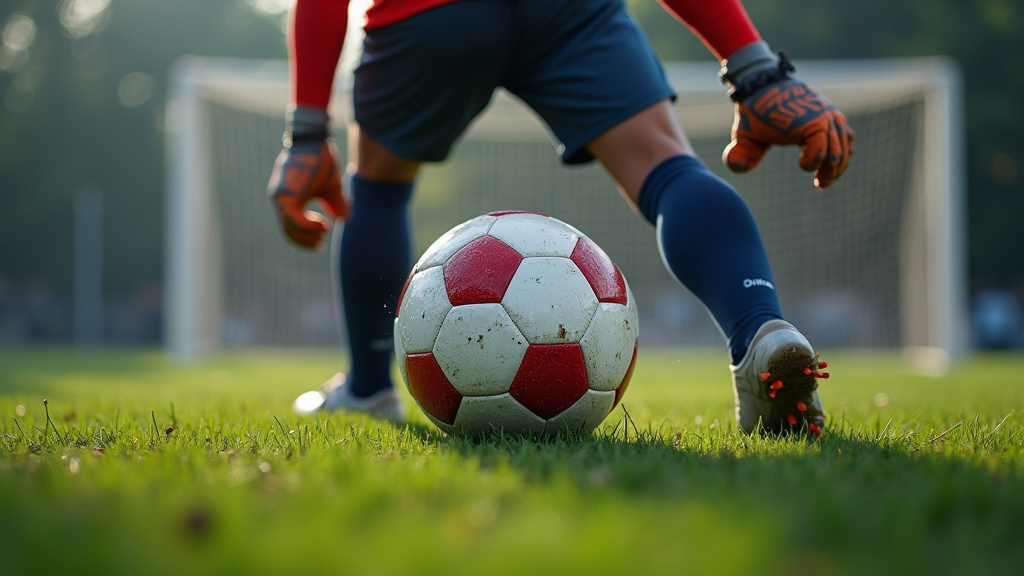 Soccer player setting a ball for a free kick under pressure from the goalkeeper.