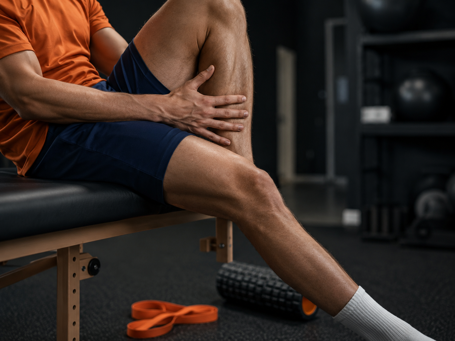 Soccer player performing clinical hamstring mobility work on recovery bench.