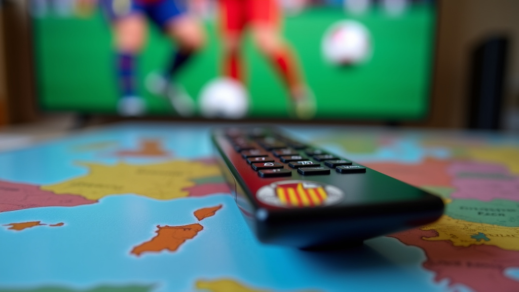 Global broadcast remote with El Clásico match on screen and subtle political symbol.