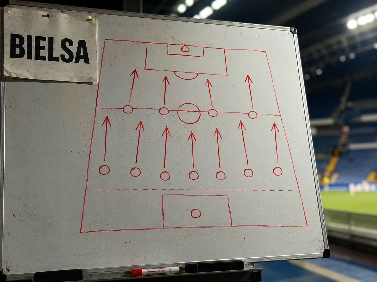 Tactical whiteboard diagram illustrating a high-pressing football formation.