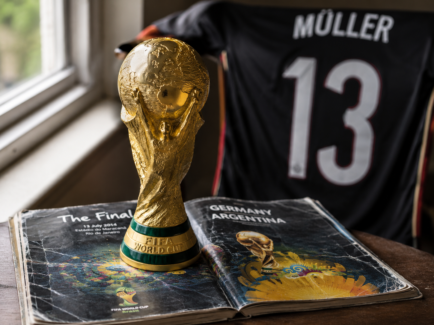 2014 World Cup trophy with German team memorabilia on a sunlit table.