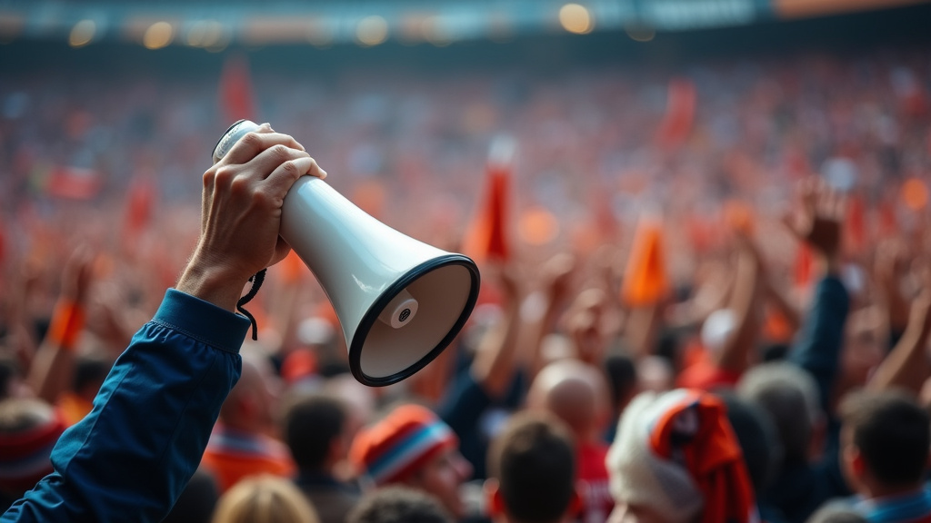 Soccer fans singing and waving scarves in a packed stadium supporter section.