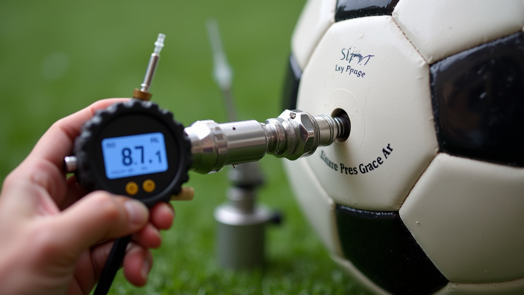 Checking air pressure on a Size 4 soccer ball with a pressure gauge.