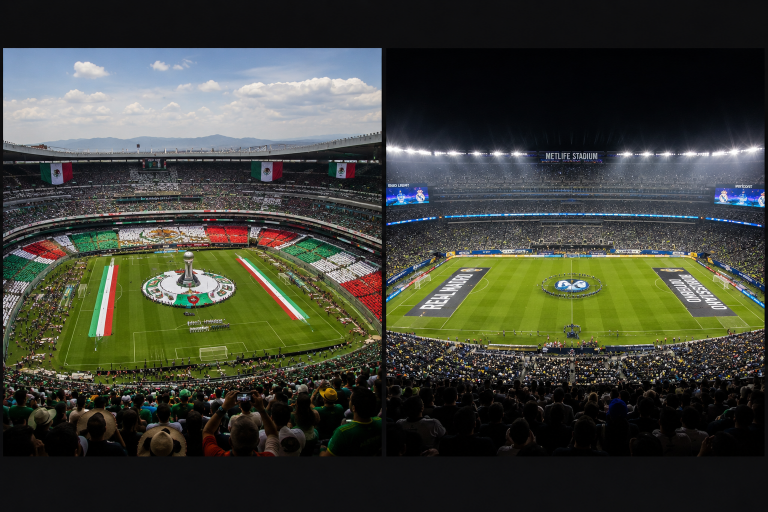 Estadio Azteca and MetLife Stadium comparison for World Cup 2026 opener and final.