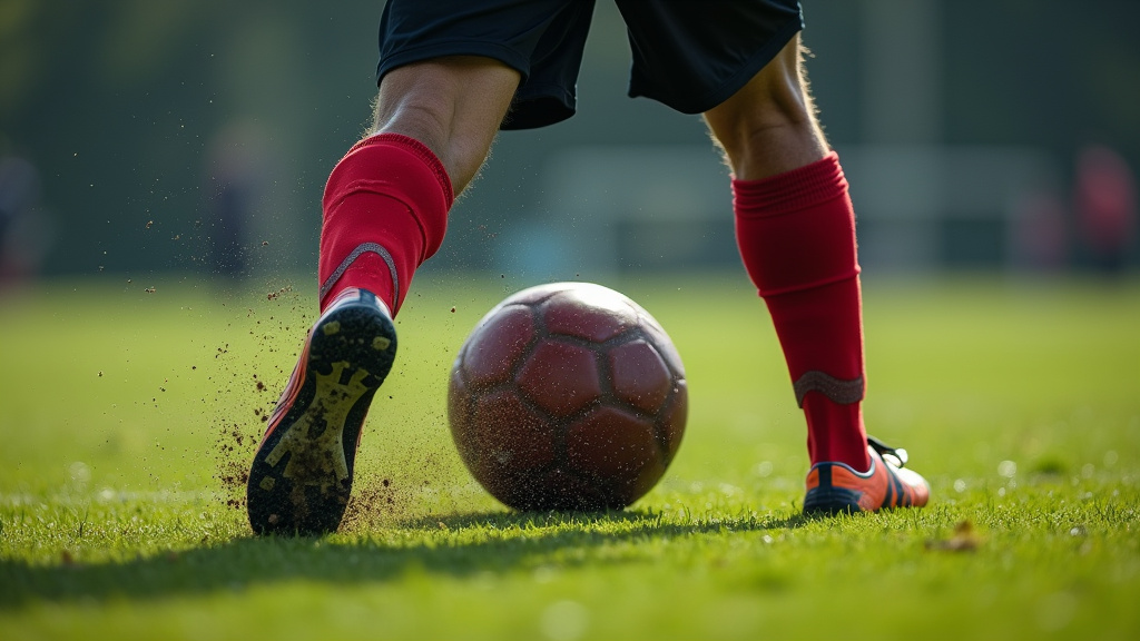 Pele's powerful two-footed shot technique compressing a leather soccer ball