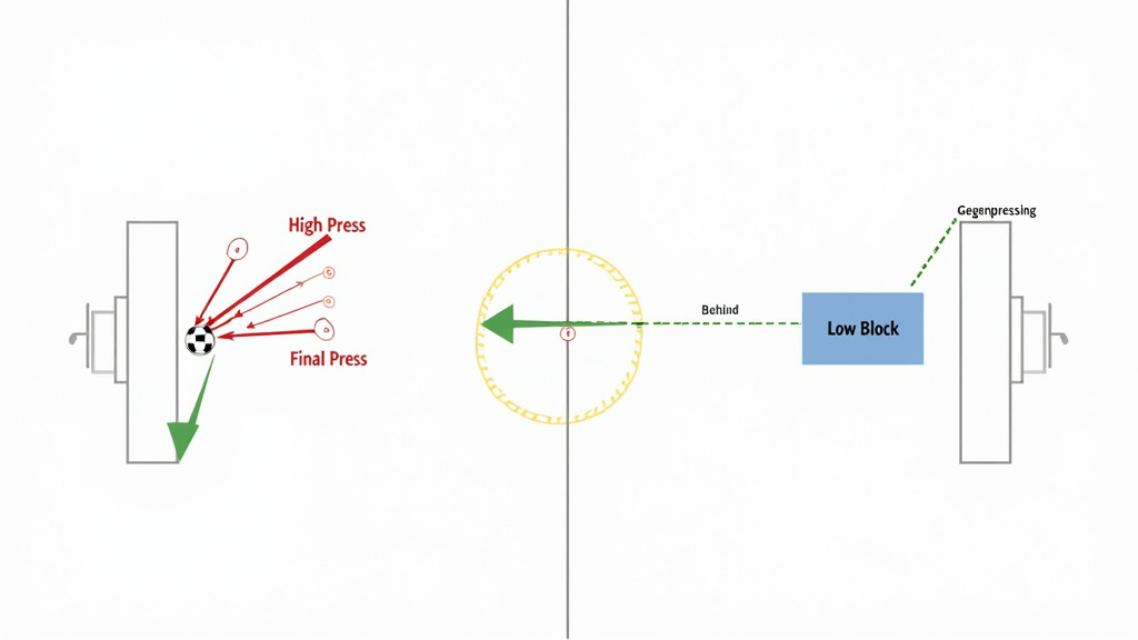 Diagram comparing high press, low block, and gegenpressing tactics in soccer.