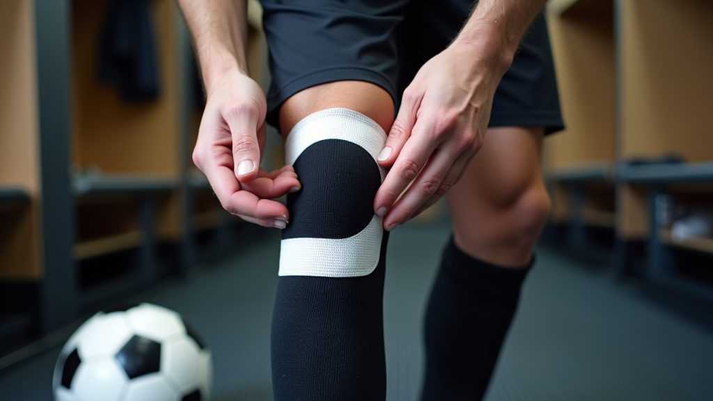 Applying athletic tape to secure a soccer shin guard over a compression sleeve.