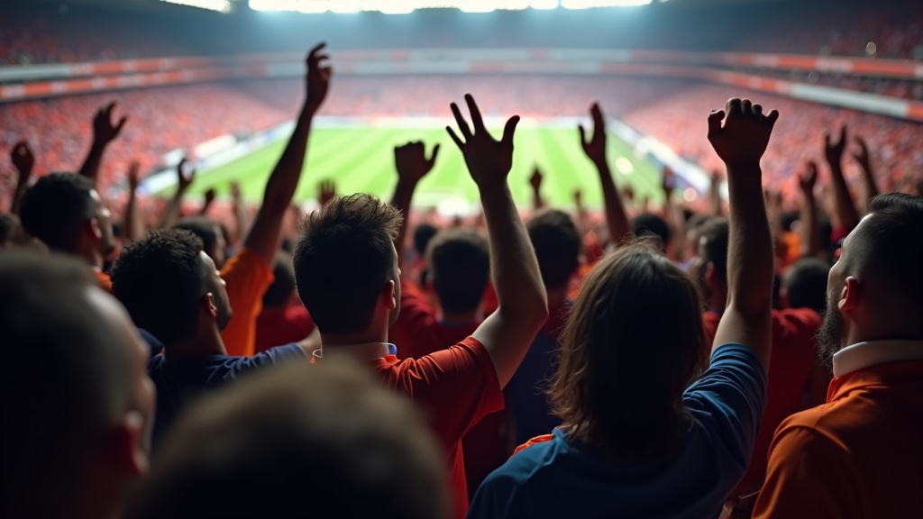 Soccer fans singing together in unison during a match, creating collective identity.
