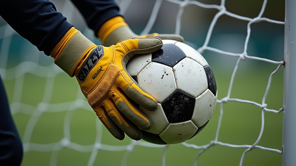 Goalkeeper's gloves saving a penalty kick, ball pushed wide of goal post.