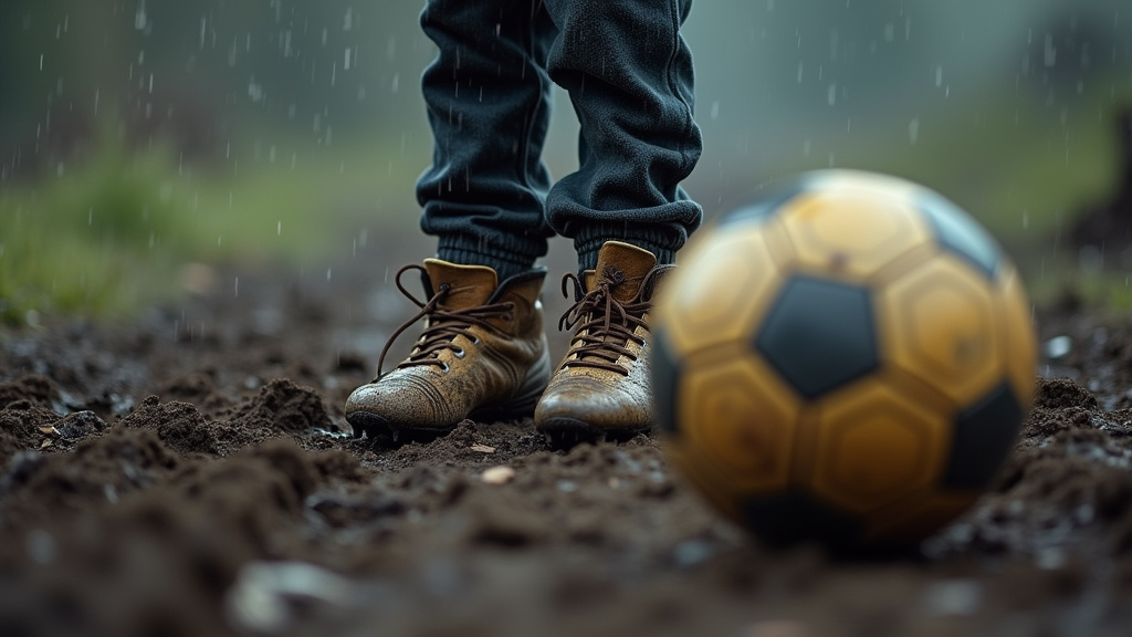 Young child's soccer cleats on a muddy pitch, symbolizing the difficult youth academy pathway.