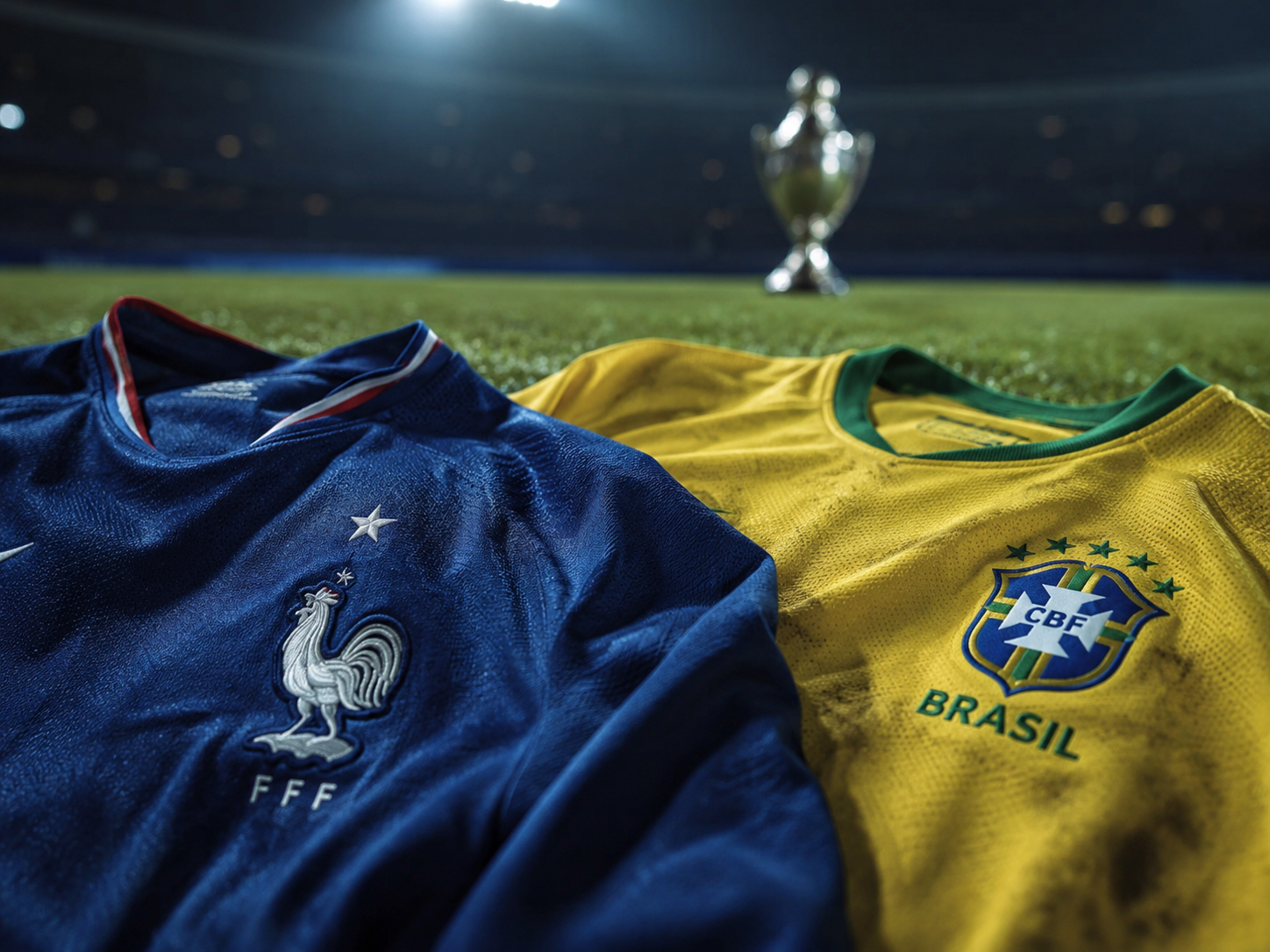 France and Brazil national team jerseys with a World Cup star.