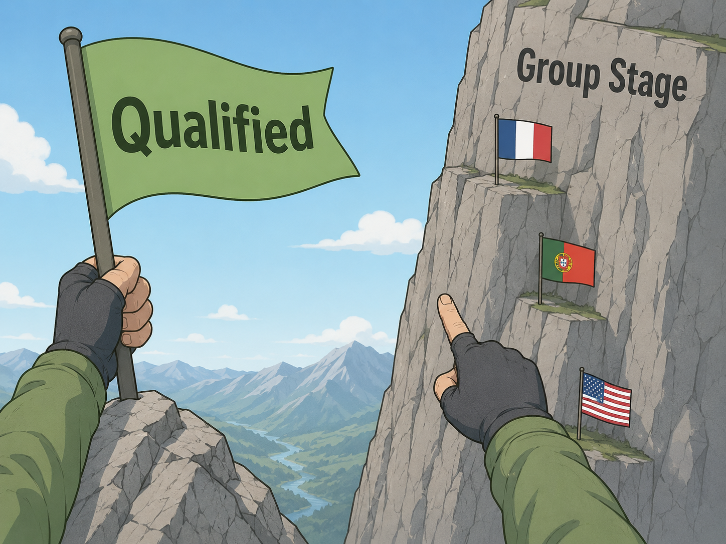 A cartoon climber facing the daunting World Cup group stage after qualification.